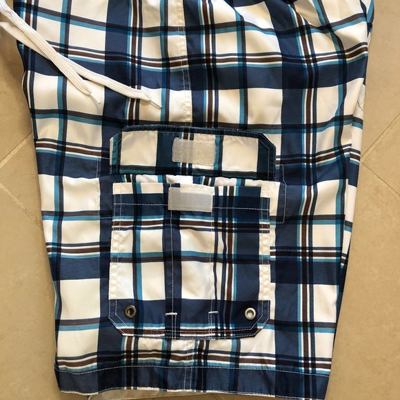 Merona Coastal Blue & White Plaid Swim Trunks Beachy Preppy Vacation - Picture 5 of 11
